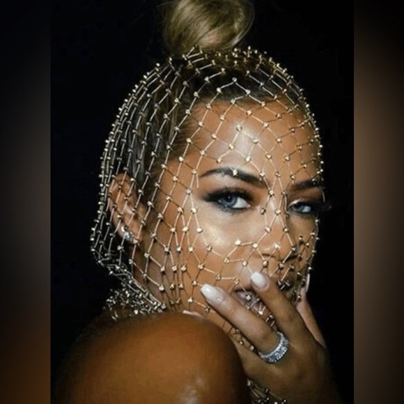 New Unique Mesh Face Mask / Headpiece Crystal Body Jewelry Veil Headscarf - Picture 2 of 16